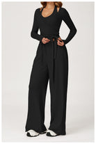 Black Langry Fashion Yoga Jumpsuit with Long Sleeves and Tie Waist