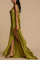 Olive green satin dress showcasing the Stunning Loose Satin Dress in fashion apparel