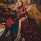 Slim fit burgundy fringe turtleneck dress with high slit and split skirt