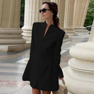 Elegant black cardigan buckle waist slimming blazer dress
