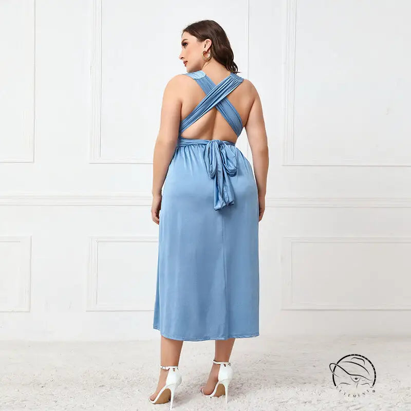 Elegant cross backless light blue criss-cross dress