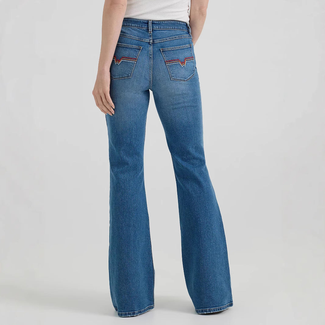 High-waisted flared blue denim jeans with signature back pockets for fashionable ملابس