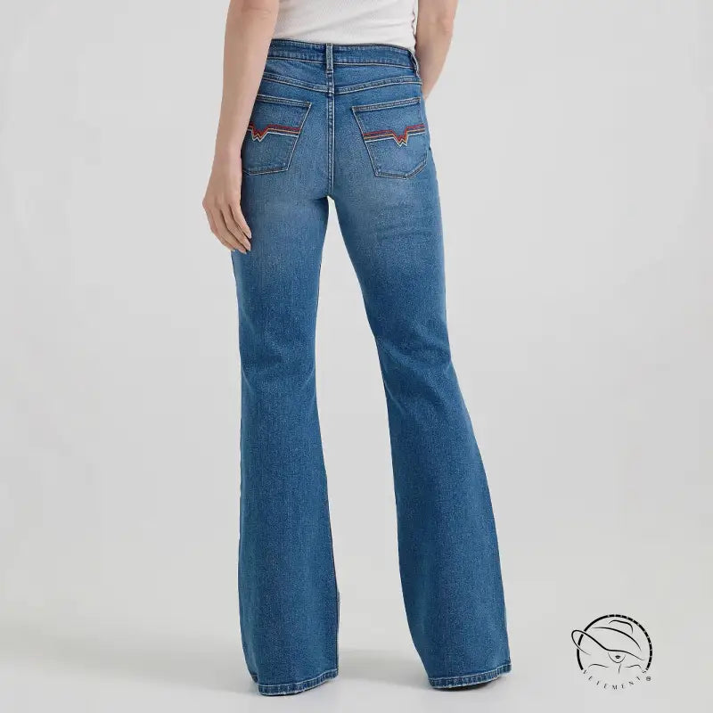 Comfy embroidered micro stretch jeans in high-waisted flared blue denim