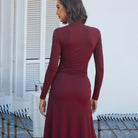 Enchanting burgundy langry fashion evening dress with ruched bodice and flared skirt