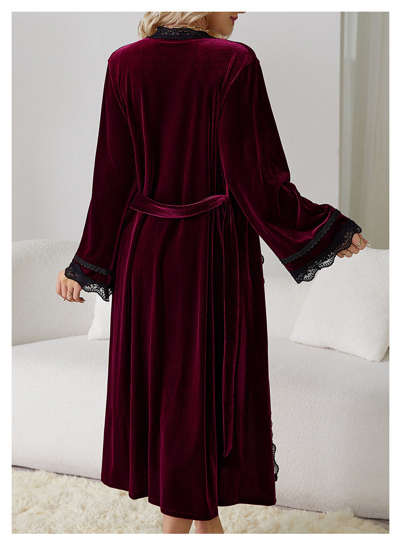 Langry fashion burgundy velvet robe with black lace trim for sweet nightdress