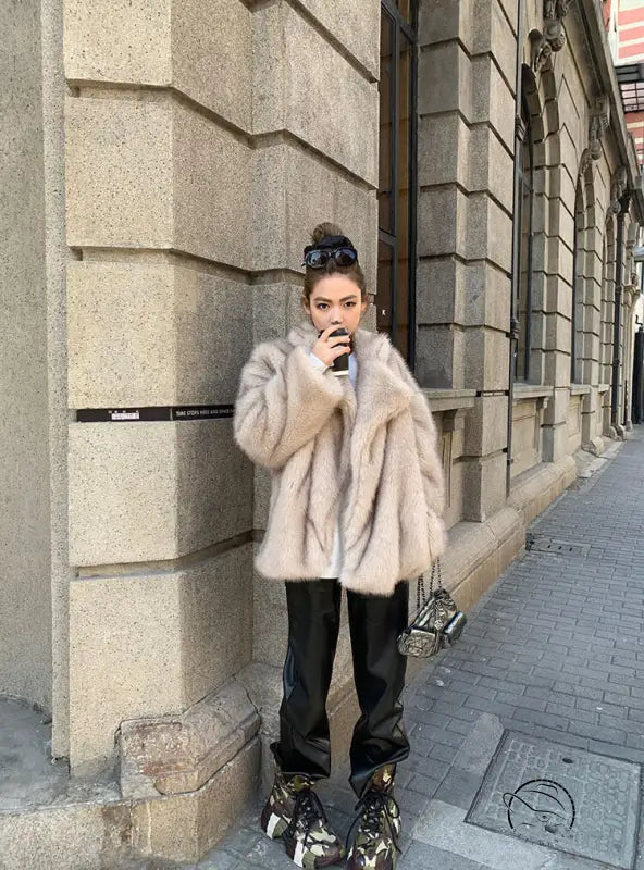 Light beige fluffy faux fur Langry winter shearling jacket