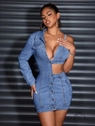 Elegant off Shoulder Denim Hip Wrapped Short Dress