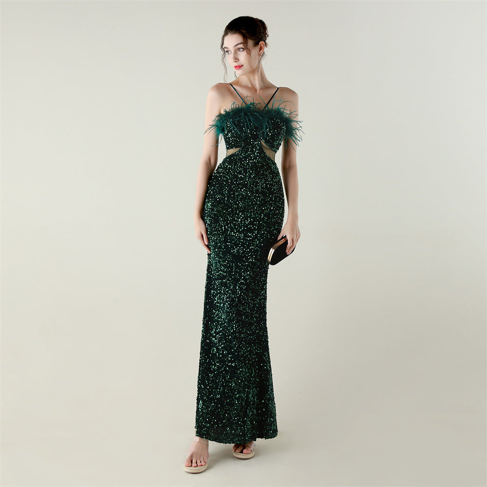 Langry green sequined strapless gown with ostrich feather bust detail