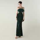Langry green sequined strapless gown with ostrich feather bust detail