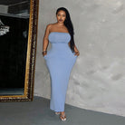 Strapless blue maxi dress from the High Waist Figure Flattering Sheath Maxi Dress collection