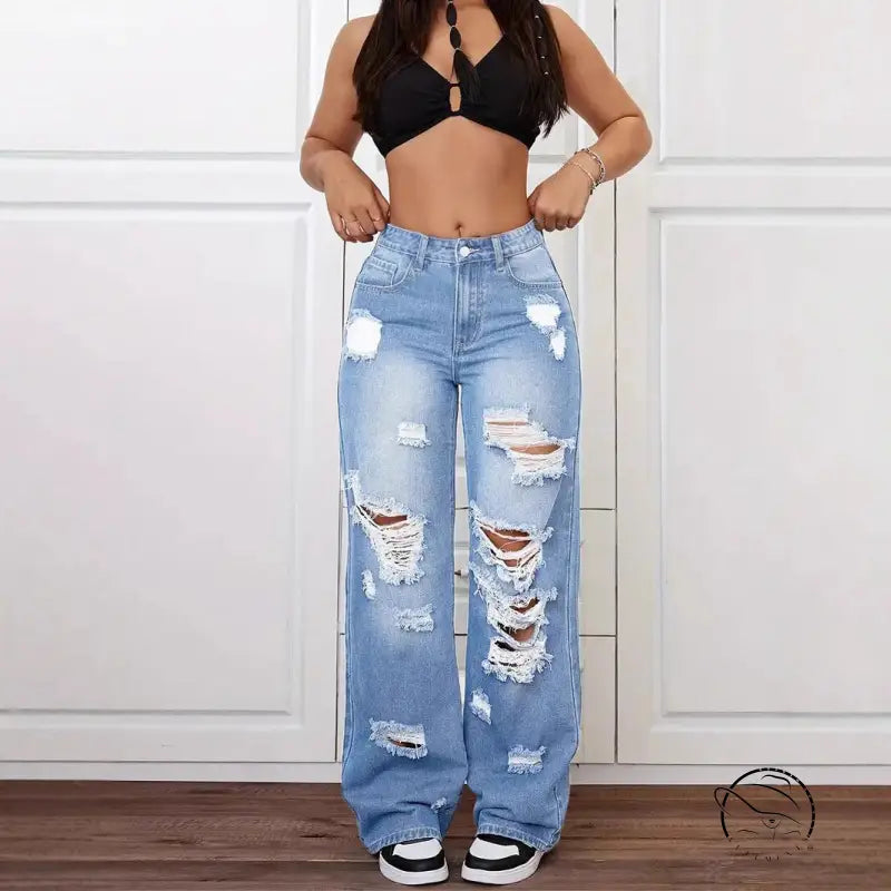 Langry fashion ripped washed high waist straight loose denim trousers in light blue with distressed holes