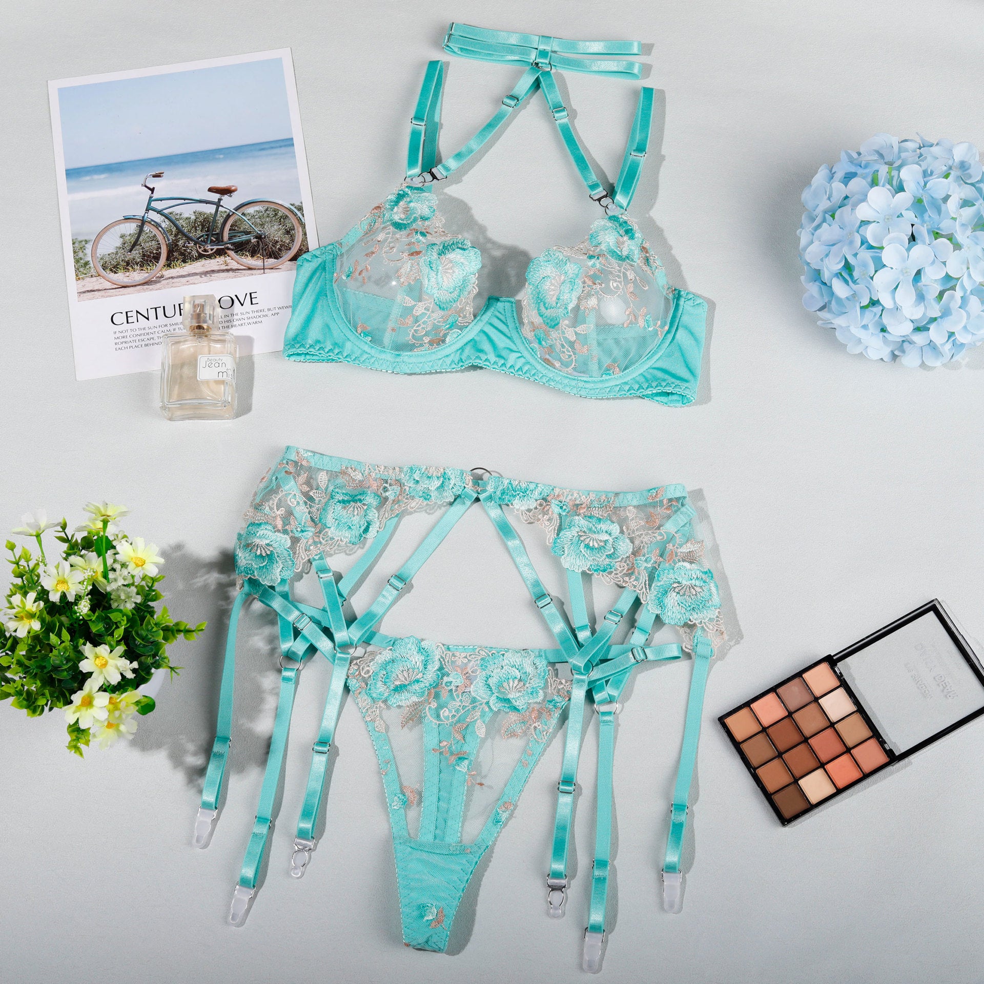 Mint green lace lingerie set with garter belt from Beauty Midnight Lingerie collection
