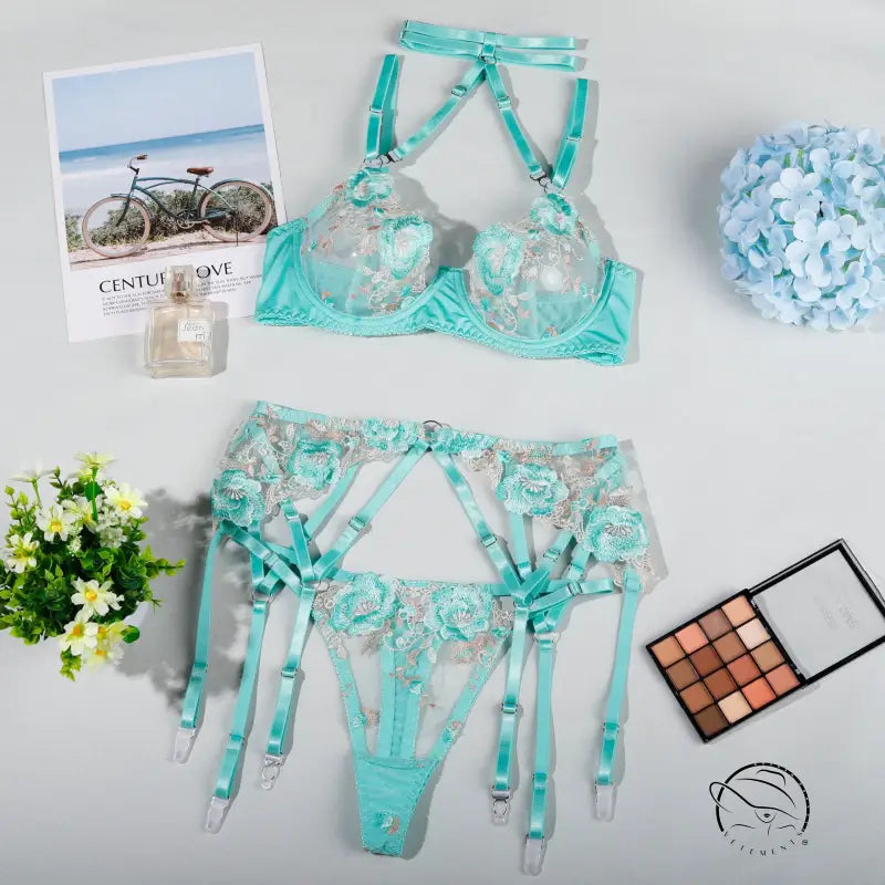 Beauty Midnight mint green lace lingerie set with garter belt