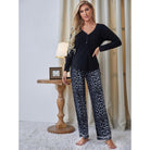 Black langry v-neck top with navy leopard pajama pants