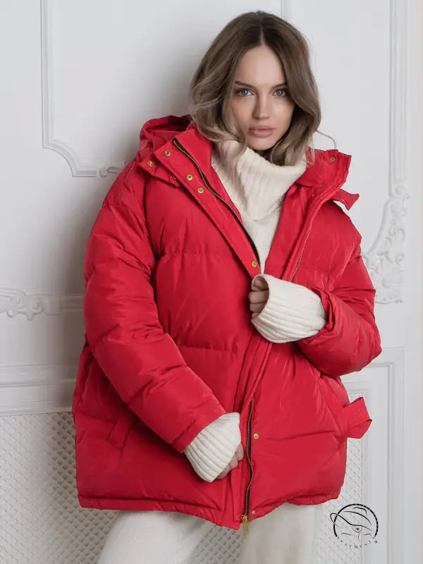 Woman in langry red hooded thermal zipper coat over cream turtleneck