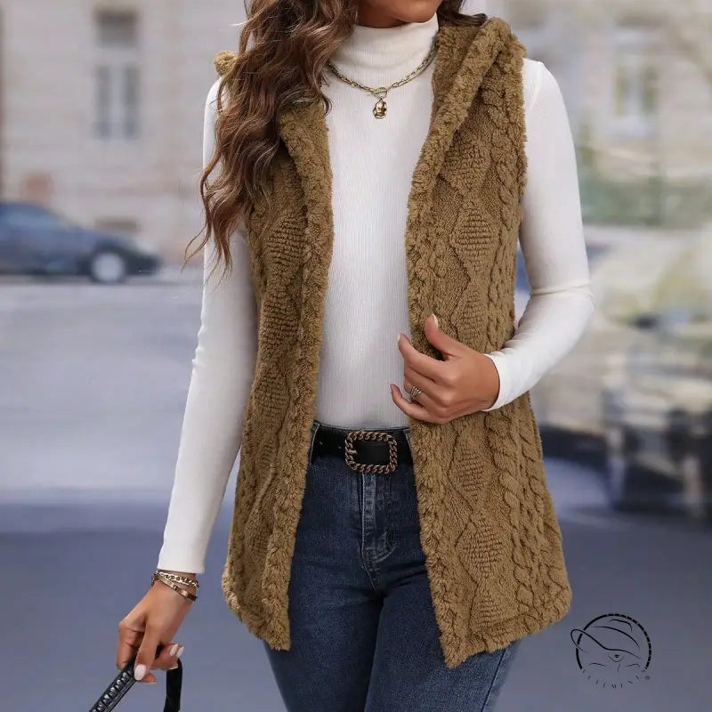 Langry fashion women’s brown cable knit vest with fur trim hood