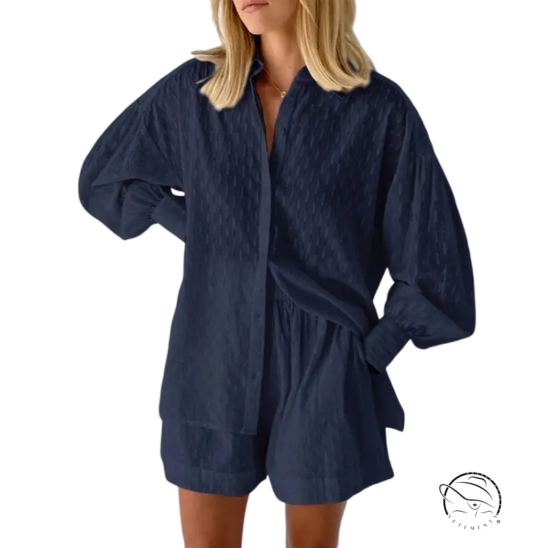 Navy blue textured jacquard pajamas shirt with long sleeves