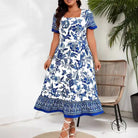 Blue white maxi dress with floral print and square neckline