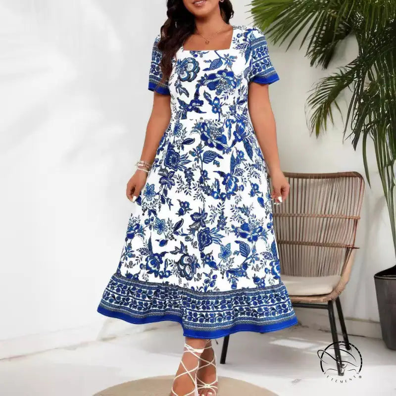 Blue white maxi dress with floral print and square neckline