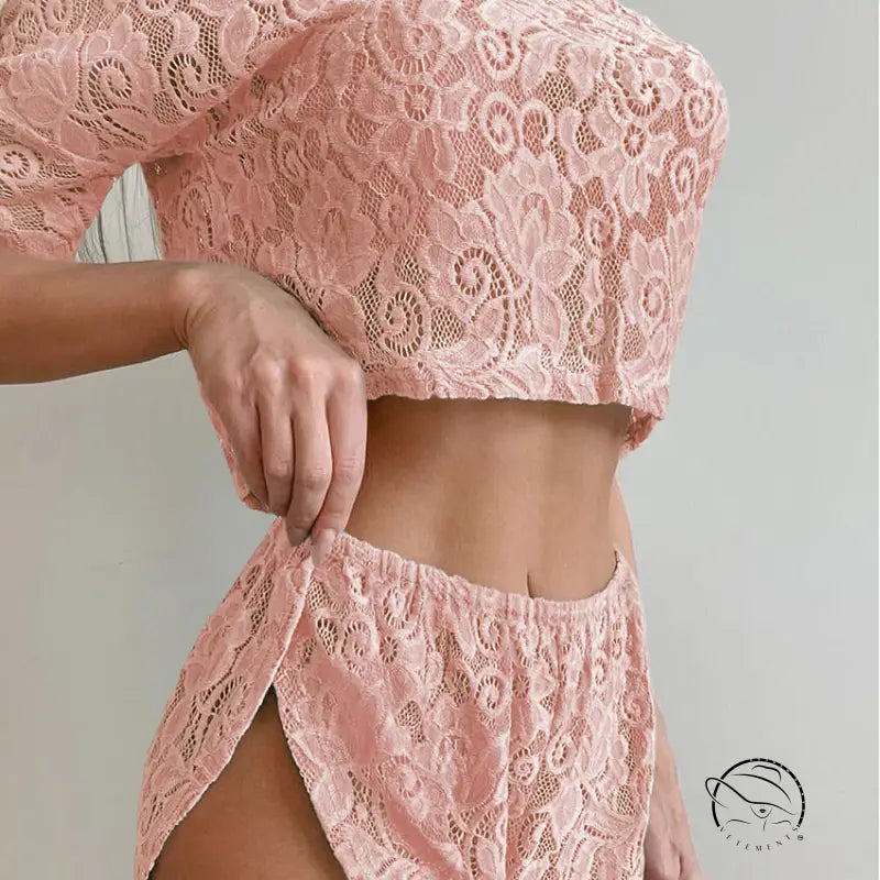 Pink lace crop top and slit shorts pajamas lace design
