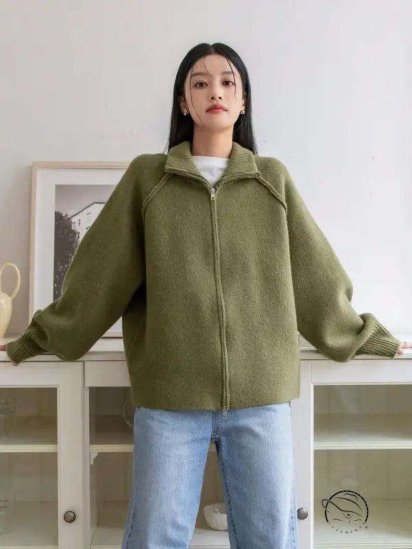 Winter Korean Stand Collar Zipper Knitted Cardigan Top