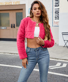 Vibrant pink quilted faux fur cropped jacket with long sleeves