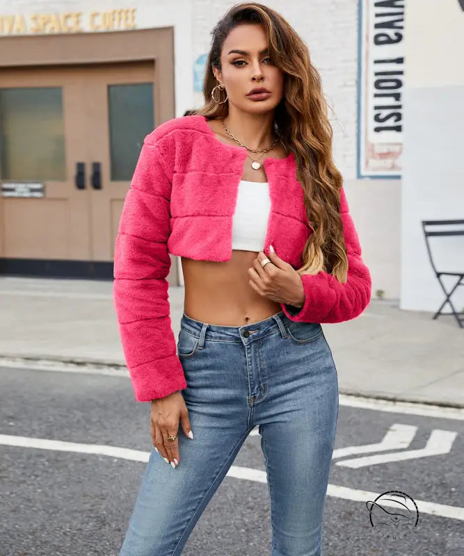 Vibrant pink quilted faux fur cropped jacket in langry fashion