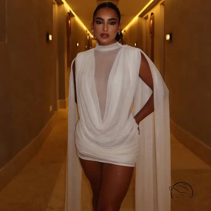 Elegant white mesh ribbon hip wrapped langry fashion dress with cutout design