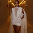 Elegant white mesh ribbon hip wrapped langry fashion dress with cutout design