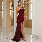 Elegant long sequined sleeveless diagonal collar gown with high slit and heels