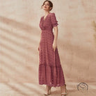 Flowing mauve short sleeve Langry fashion midi dress with v-neck and ruffles