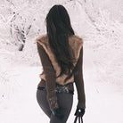 Elegant Langry fashion brown knitted furry coat with hood, leggings, gloves