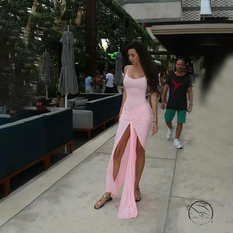 Gorgeous langry high slit maxi dress in flowing light pink satin with draped front