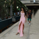 Gorgeous Langry high slit sheath maxi dress in flowing light pink satin with draped front