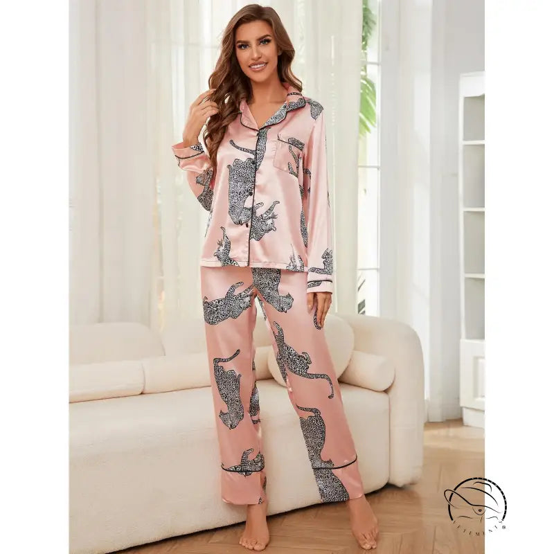 Pink satin winter animal long sleeved pajamas with black leopard print