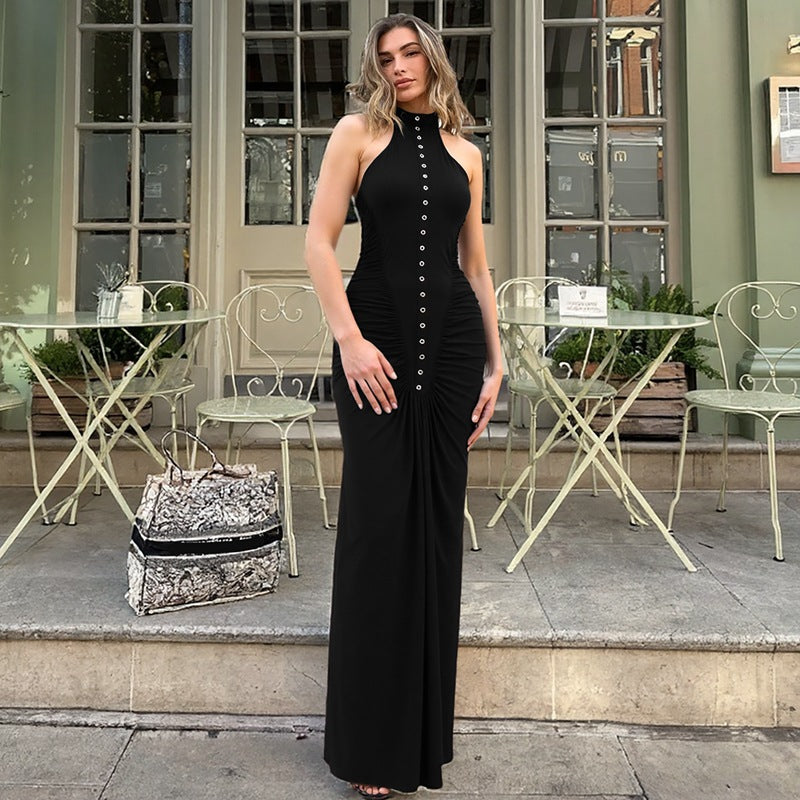 Langry black halter neck maxi dress with button front, high slit, slim fit fashion