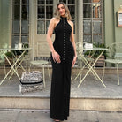 Langry black halter neck maxi dress with button front, high slit, slim fit fashion