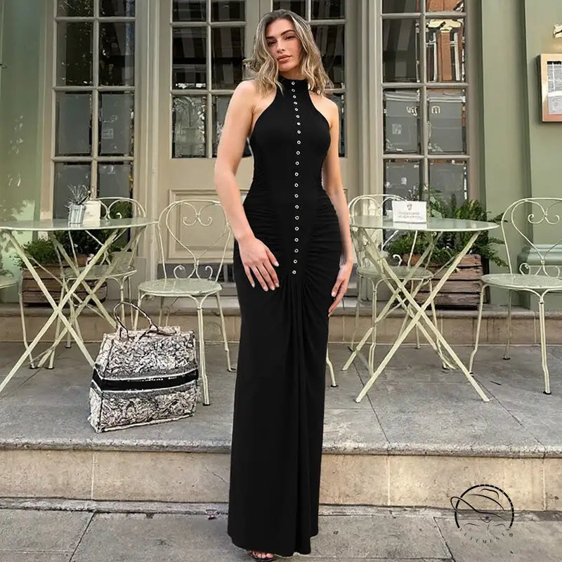 Langry black halter neck maxi dress with button front and high slit