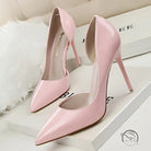 Pale pink patent leather low cut high heel stiletto pumps