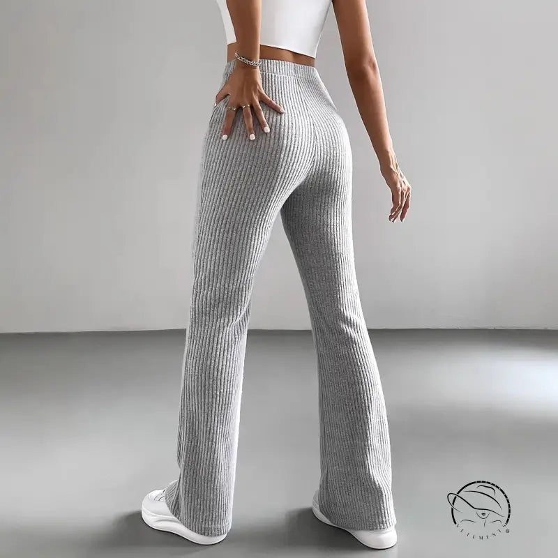Light gray ribbed flare casual knitted match pants by Langry