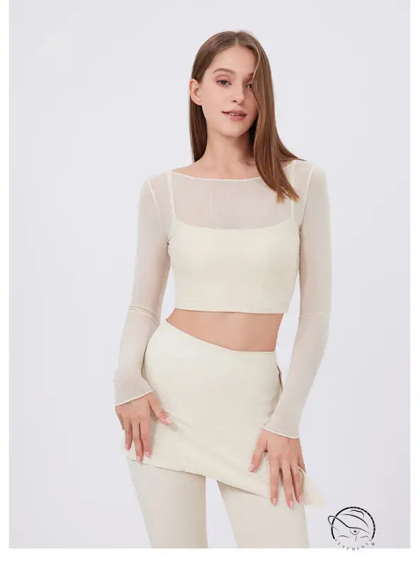 Cream faux two piece mesh sports long sleeve cropped top with skirt