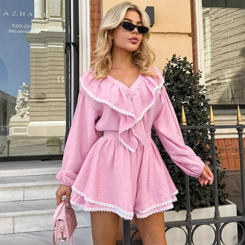 Pink ruffled romper with long sleeves from French Loose Shirt Shorts Two Piece Sets