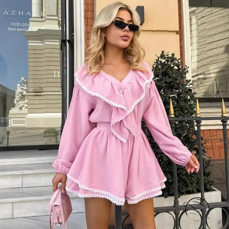 Pink ruffled romper in French loose shirt shorts two piece set