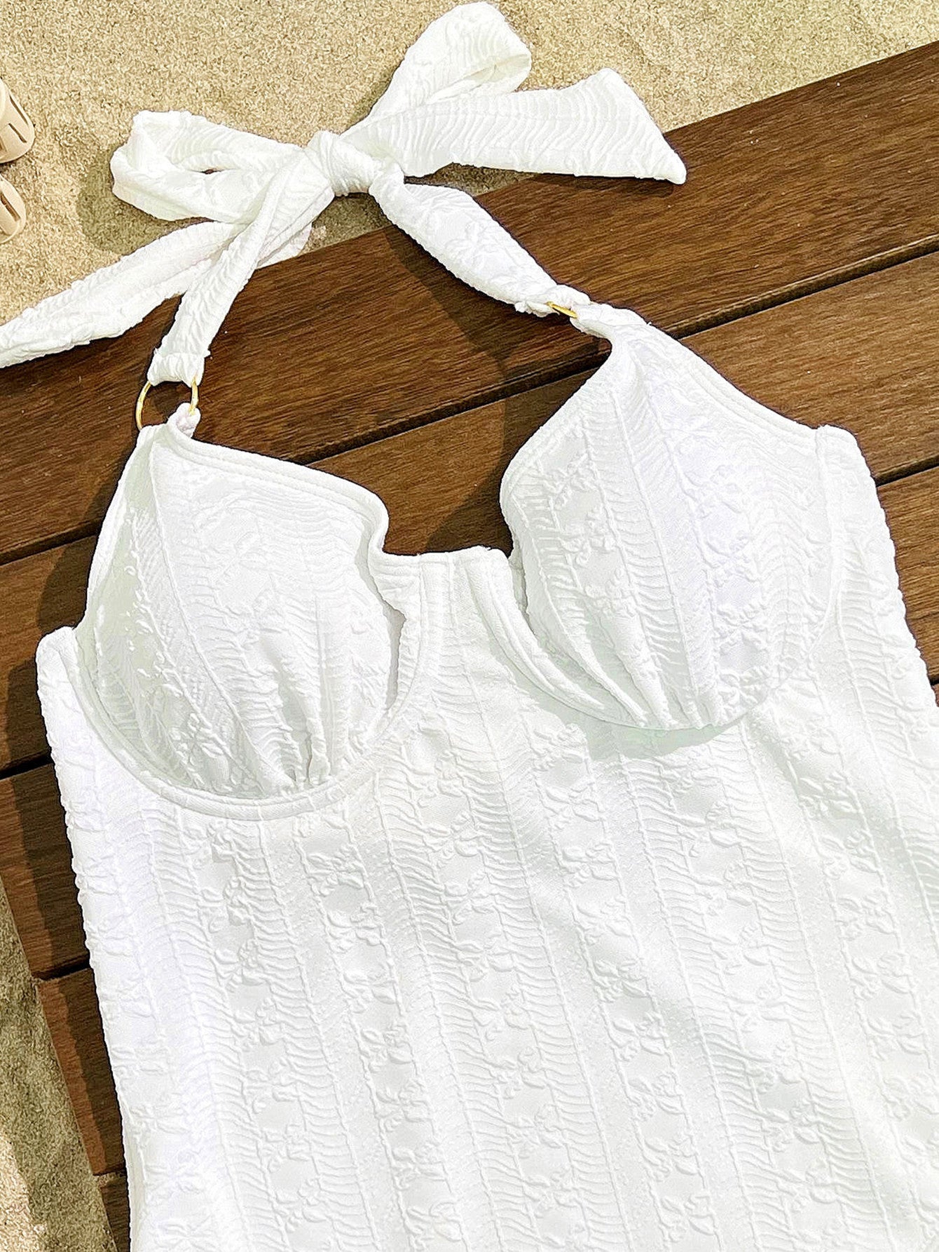 White lace halter top with bow strap in Elegant White Embroidered One Piece Swimsuit fashion