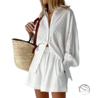 White textured linen shirt in French jacquard pajamas set