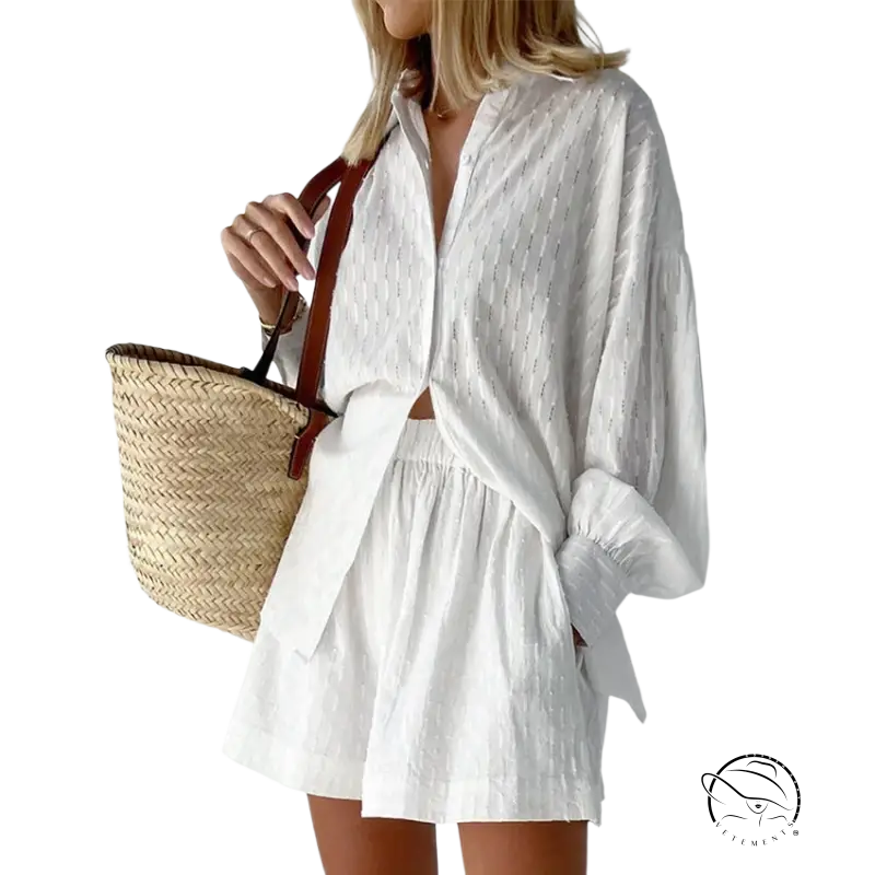White textured linen shirt in French jacquard pajamas set