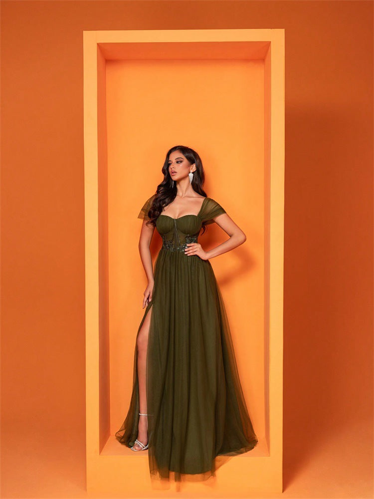 Elegant olive green evening gown, a stylish choice in ملابس for sophisticated fashion events