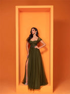 Elegant olive green evening gown, a stylish choice in ملابس for sophisticated fashion events
