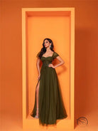 Elegant olive green langry fashion evening gown for cocktails