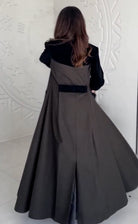 Woman in autumn patchwork long free collared coat, gray fashion ملابس